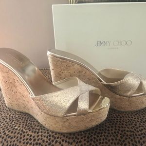 Jimmy Choo Perfume Gold Glitter Wedges Sz 39.5